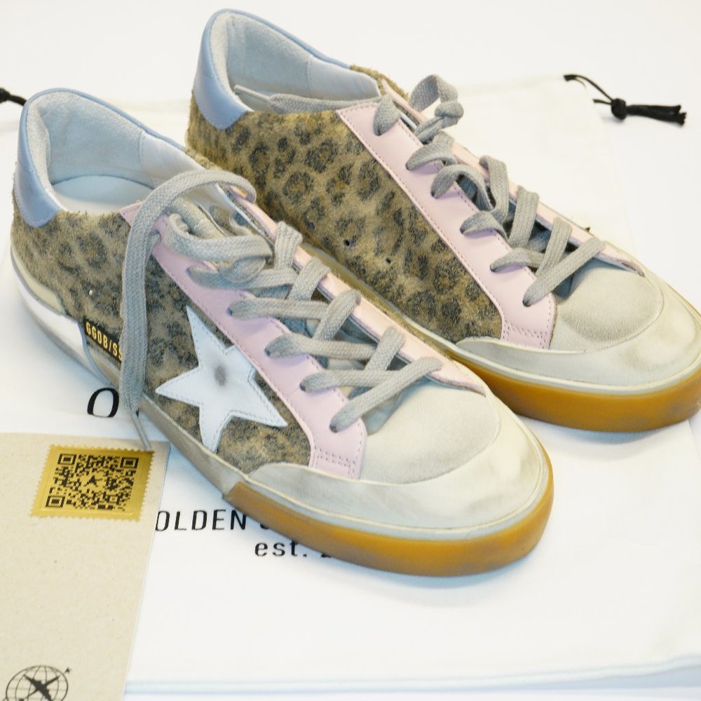 Golden Goose Super-Star Penstar Leopard-Print Sneakers, New W/ COA, Bag